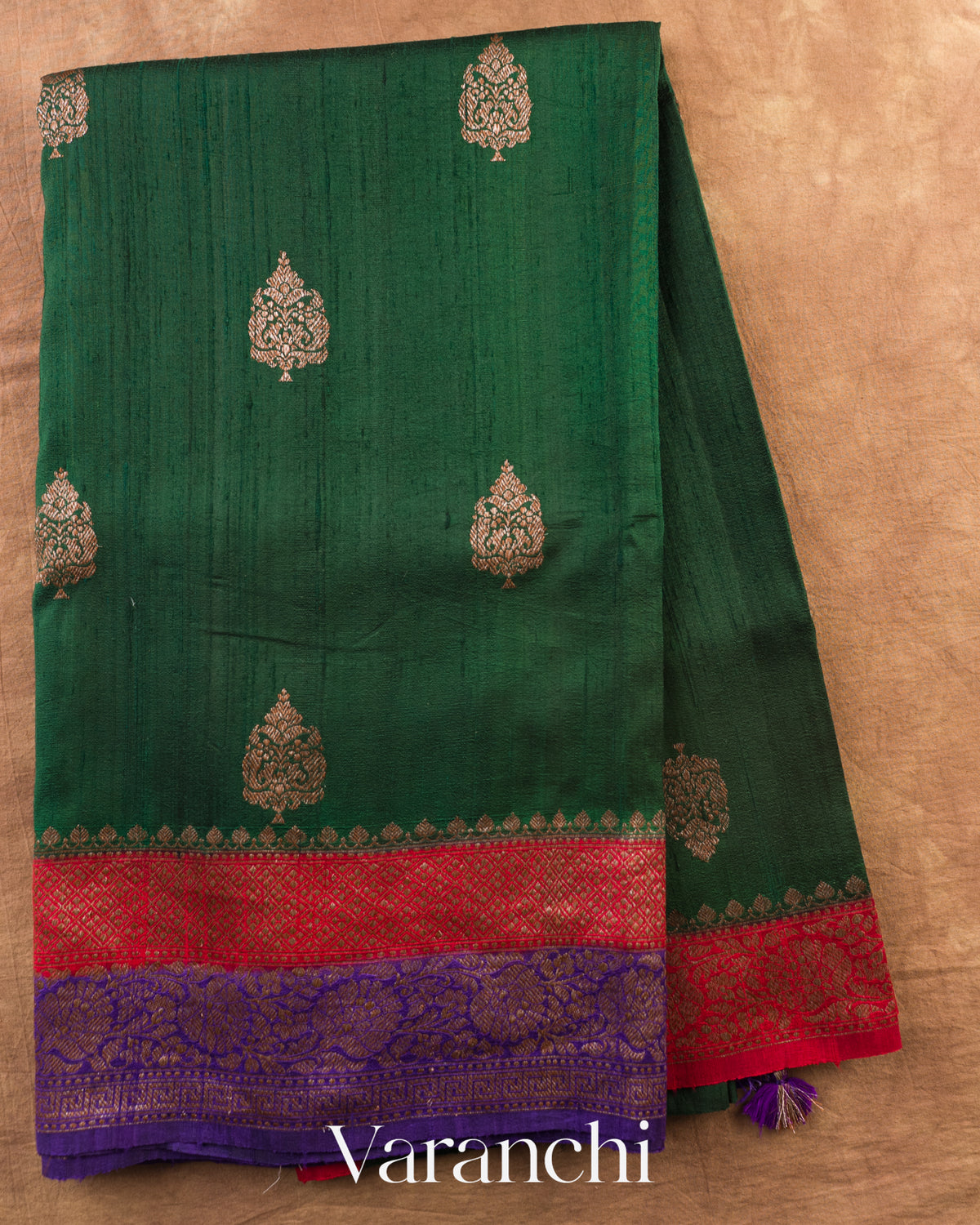 Bottle Green Pure Raw Silk Handloom Saree — Full Saree