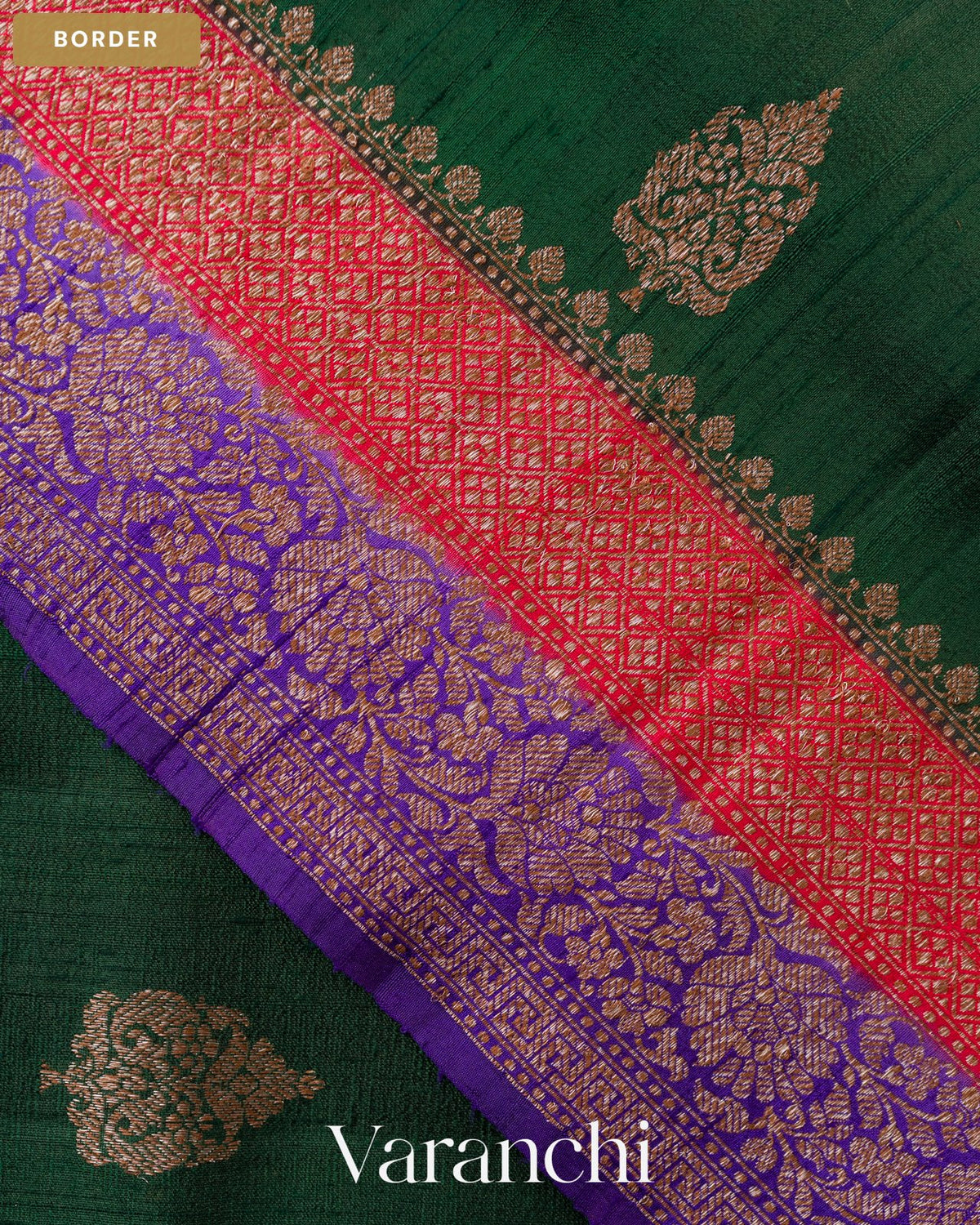 Bottle Green Pure Raw Silk Handloom Saree — Border