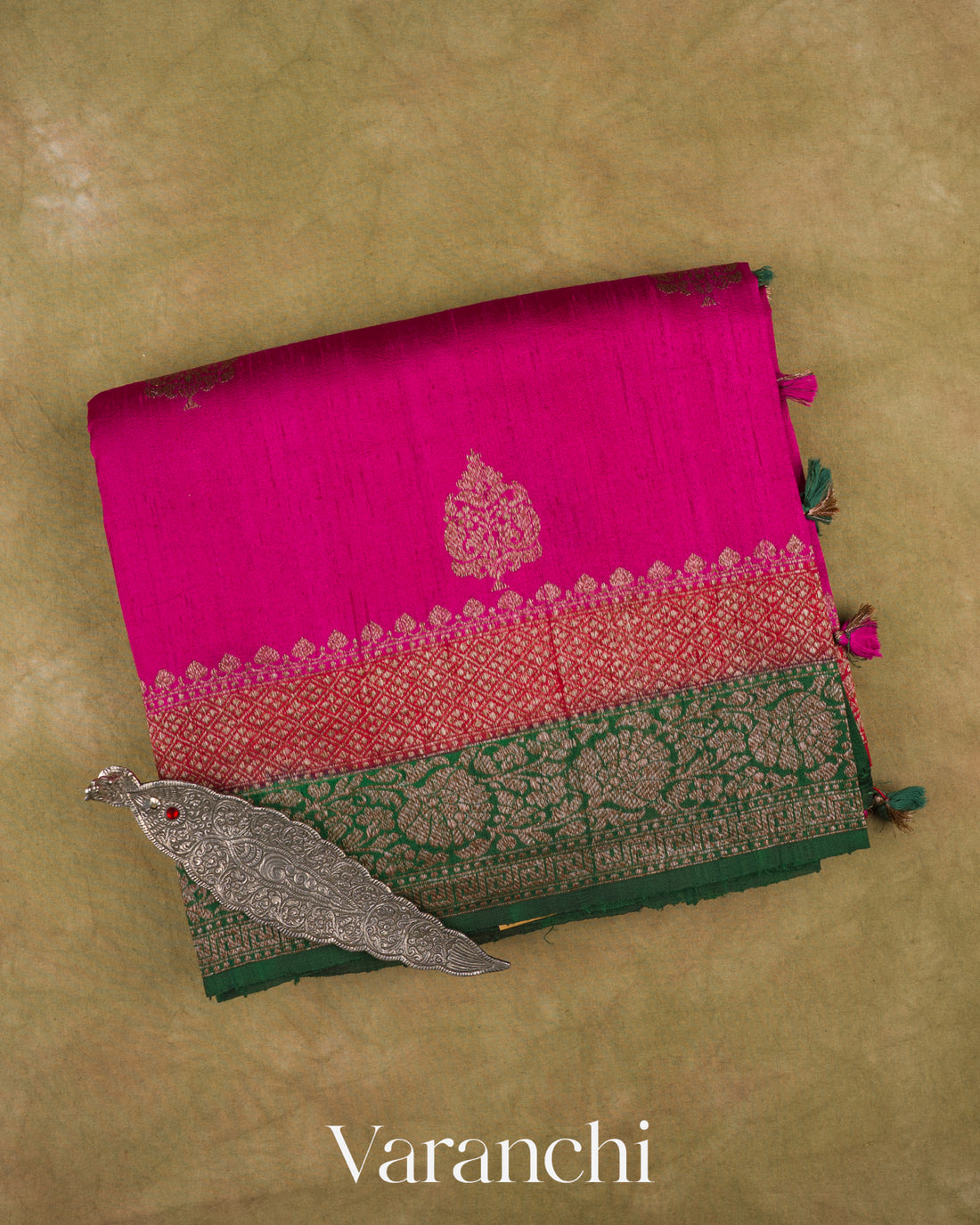 Rani Pink Pure Raw Silk Handloom Saree — Folded
