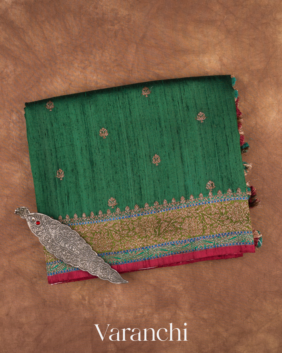 Bottle Green Pure Raw Silk Handloom Saree — Folded