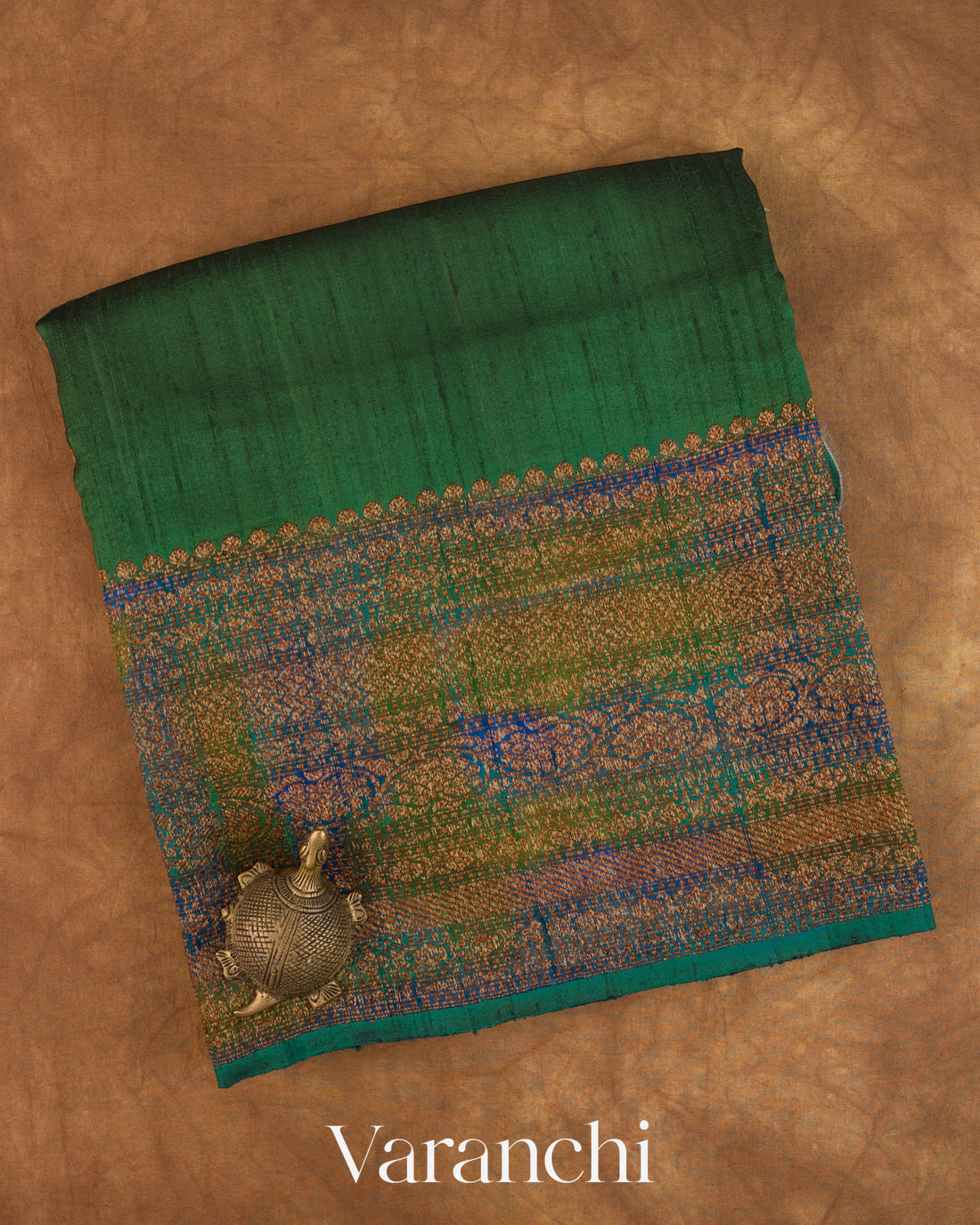 Bottle Green Hand Brushed Pure Raw Silk Handloom Saree — Folded