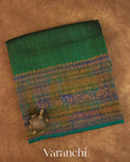 Bottle Green Hand Brushed Pure Raw Silk Handloom Saree — Folded