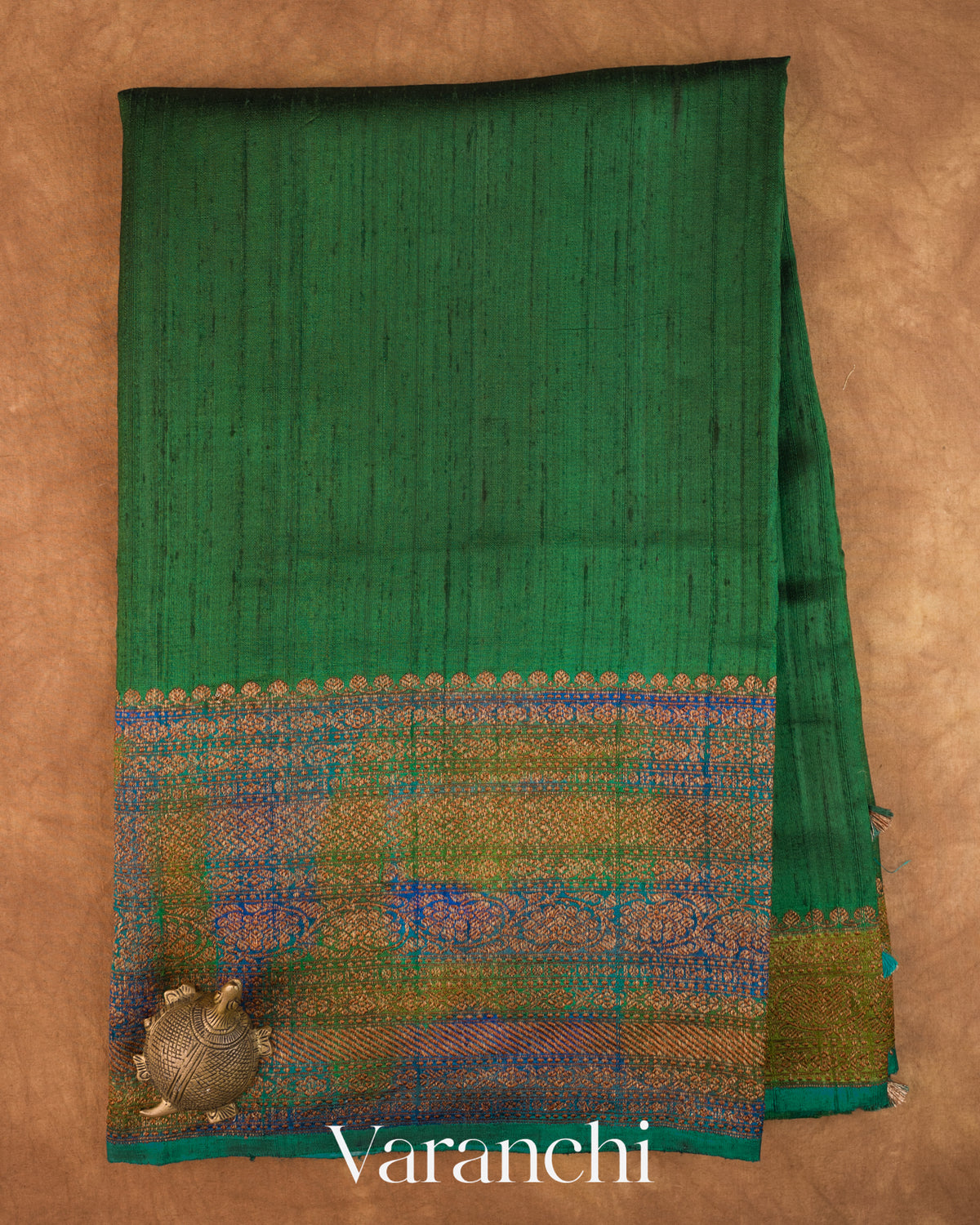 Bottle Green Hand Brushed Pure Raw Silk Handloom Saree — Full Saree