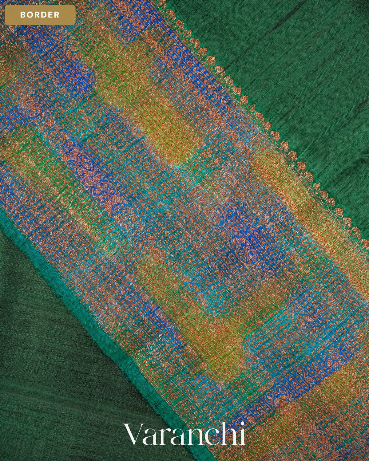 Bottle Green Hand Brushed Pure Raw Silk Handloom Saree — Border