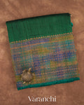 Bottle Green Hand Brushed Pure Raw Silk Handloom Saree — Folded