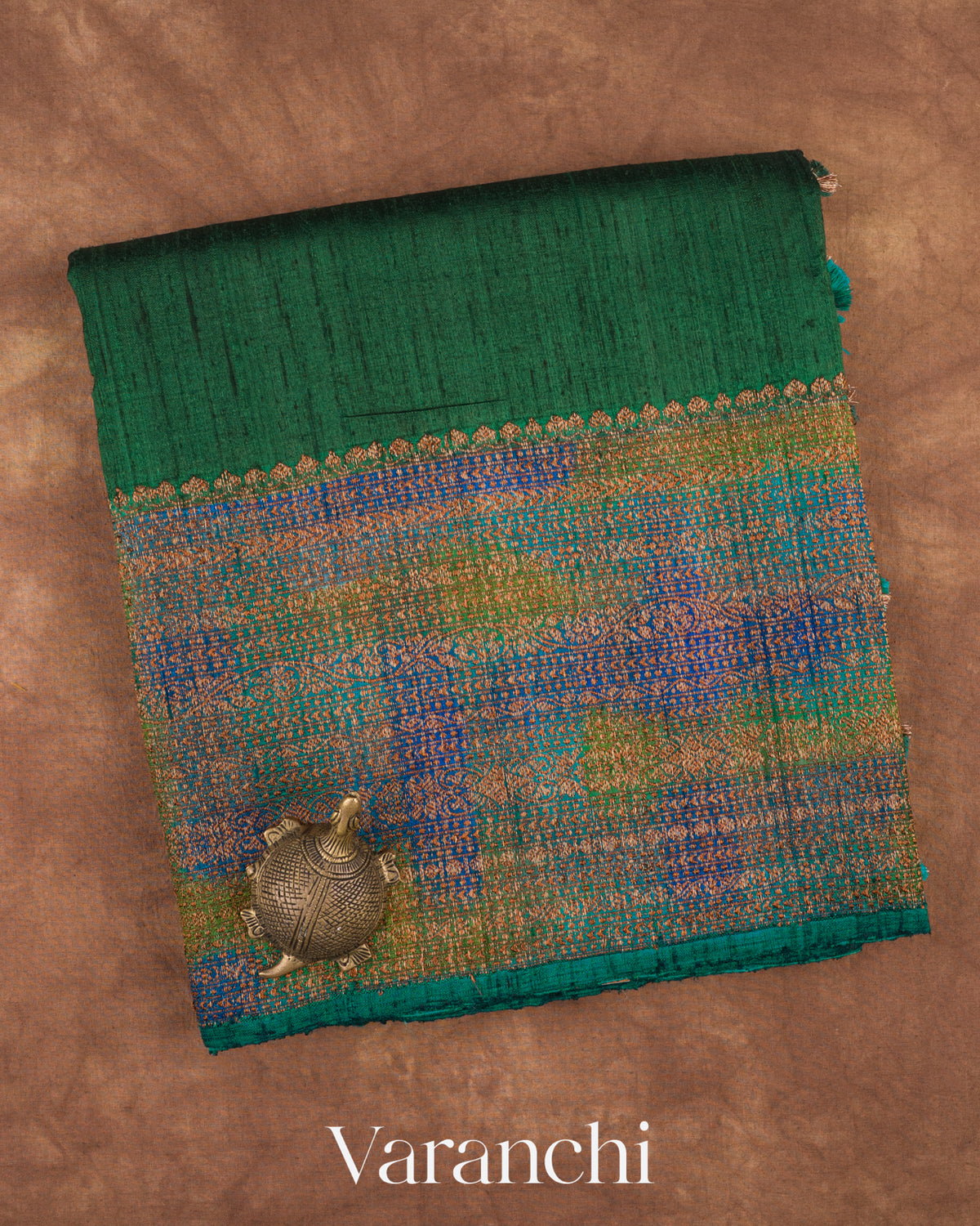 Bottle Green Hand Brushed Pure Raw Silk Handloom Saree — Folded