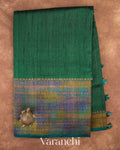 Bottle Green Hand Brushed Pure Raw Silk Handloom Saree — Full Saree