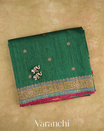 Bottle Green Pure Raw Silk Handloom Saree — Folded