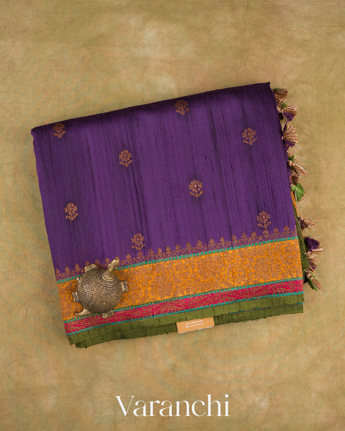 Deep Violet Pure Raw Silk Handloom Saree — Folded