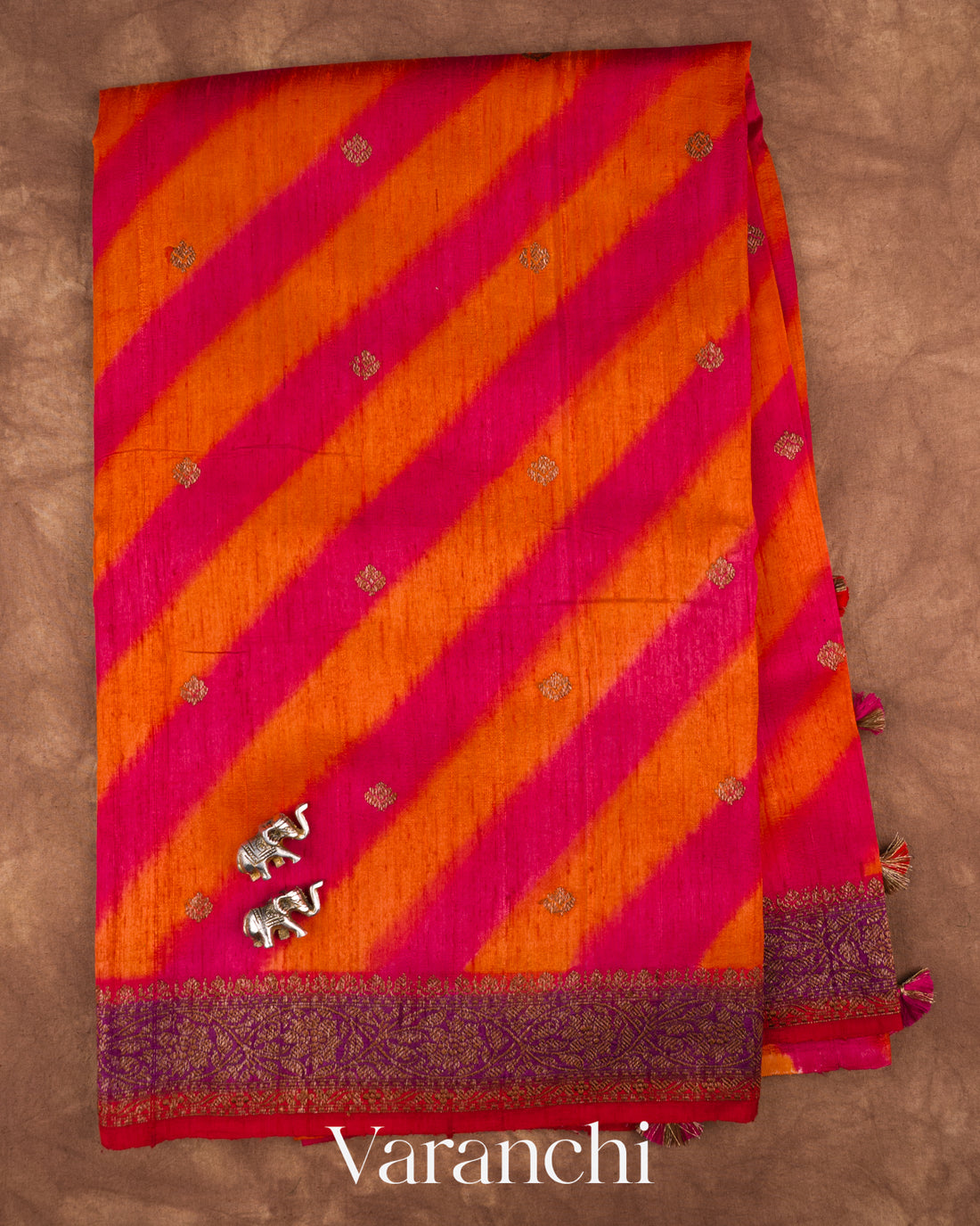 Orange Lehariya Shibori Pure Raw Silk Handloom Saree — Full Saree