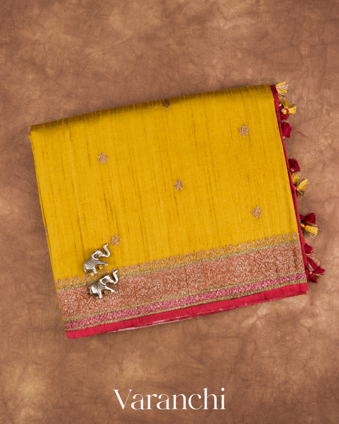 Mustard Yellow Pure Raw Silk Handloom Saree — Folded