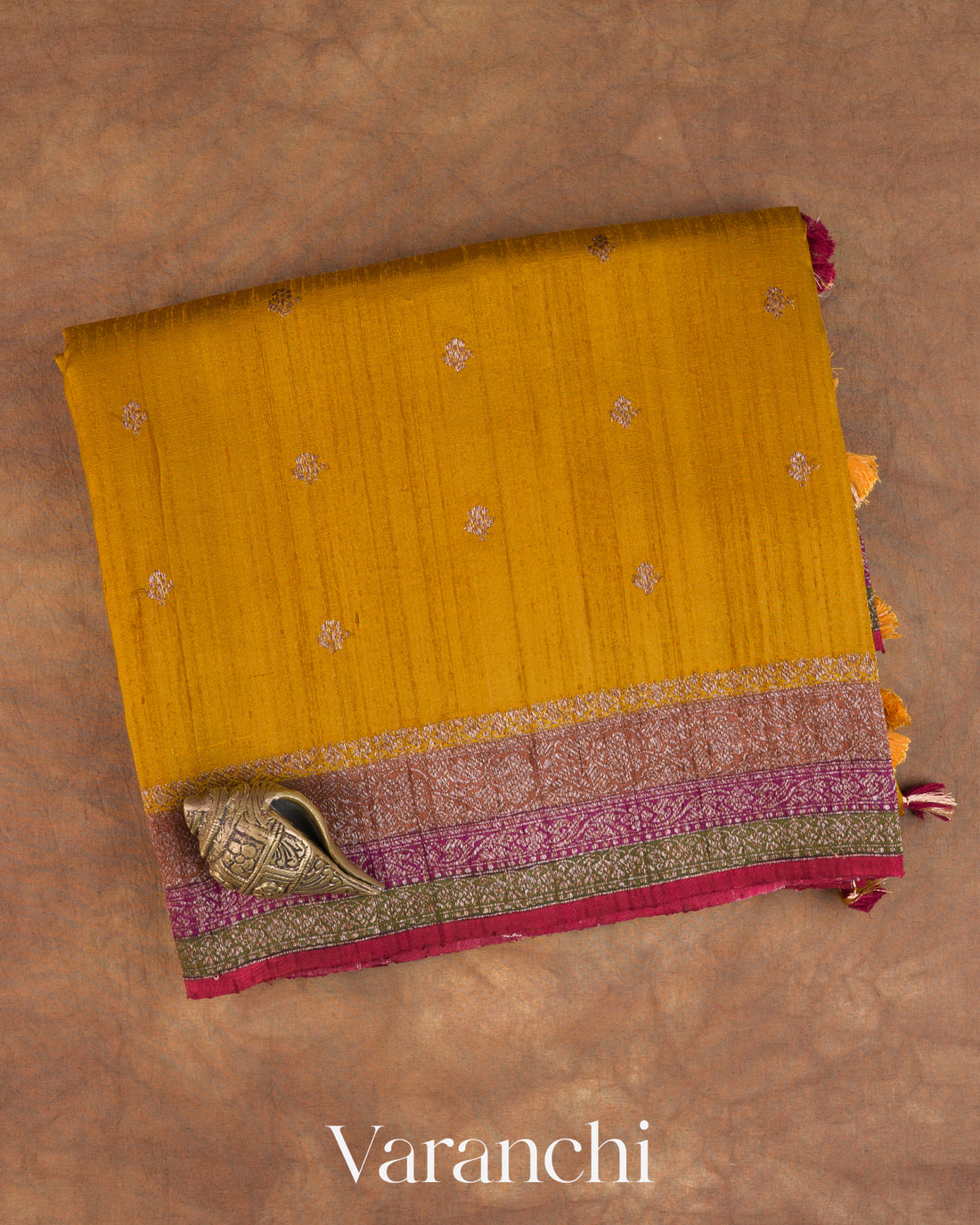 Mustard Yellow Pure Raw Silk Handloom Saree — Folded