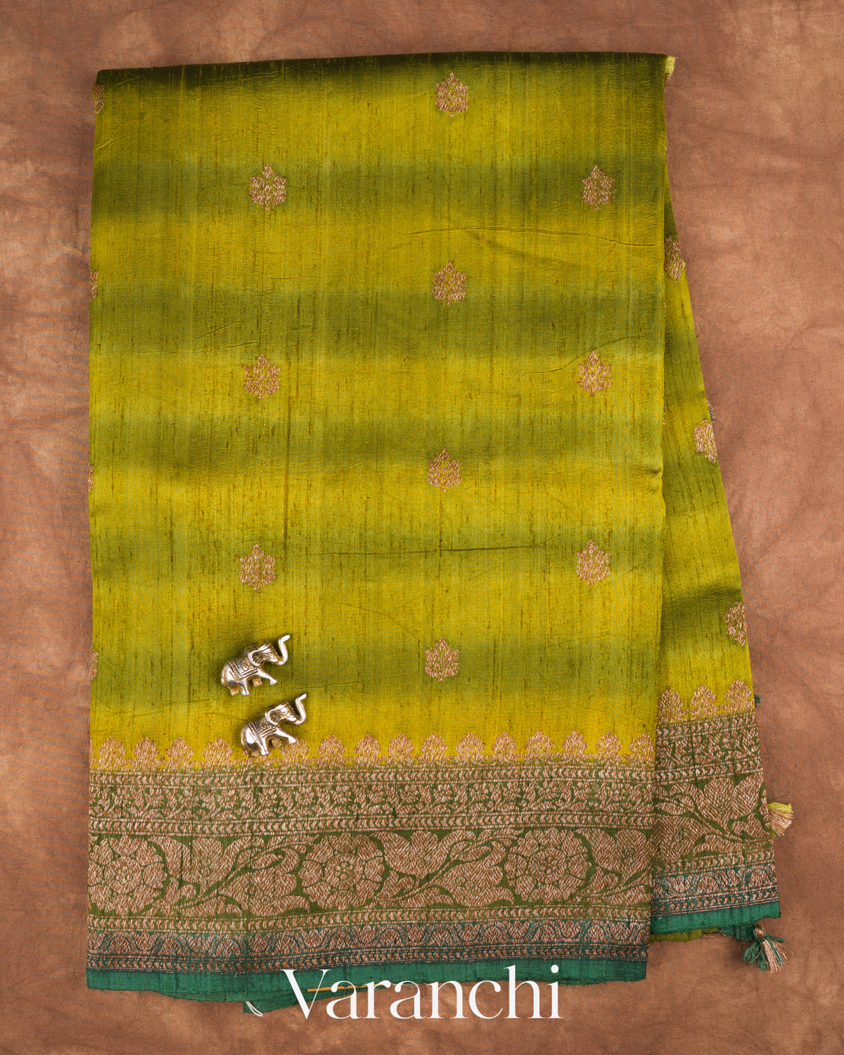 Olive Green Shibori Pure Raw Silk Handloom Saree — Full Saree