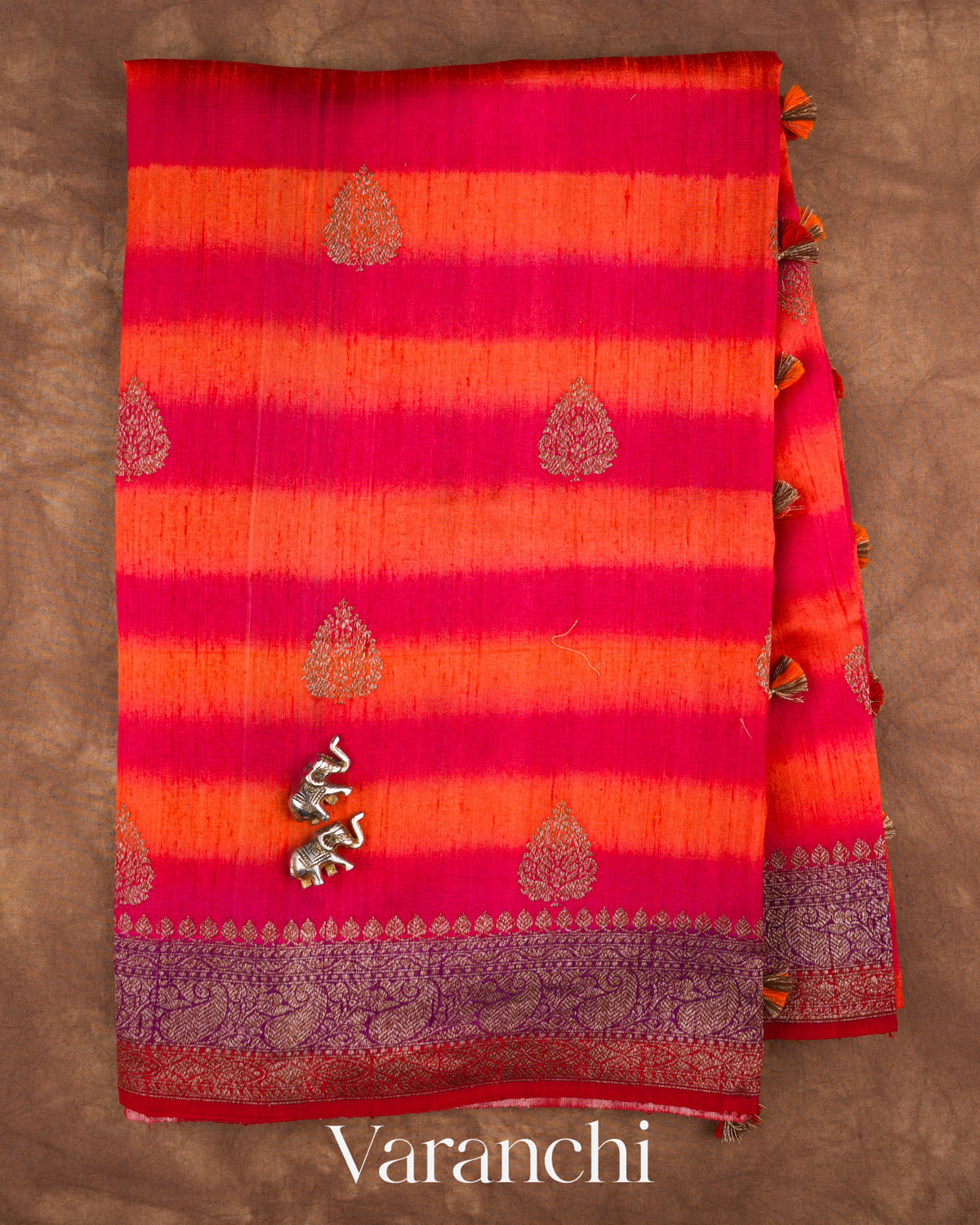 Orange Shibori Pure Raw Silk Handloom Saree — Full Saree