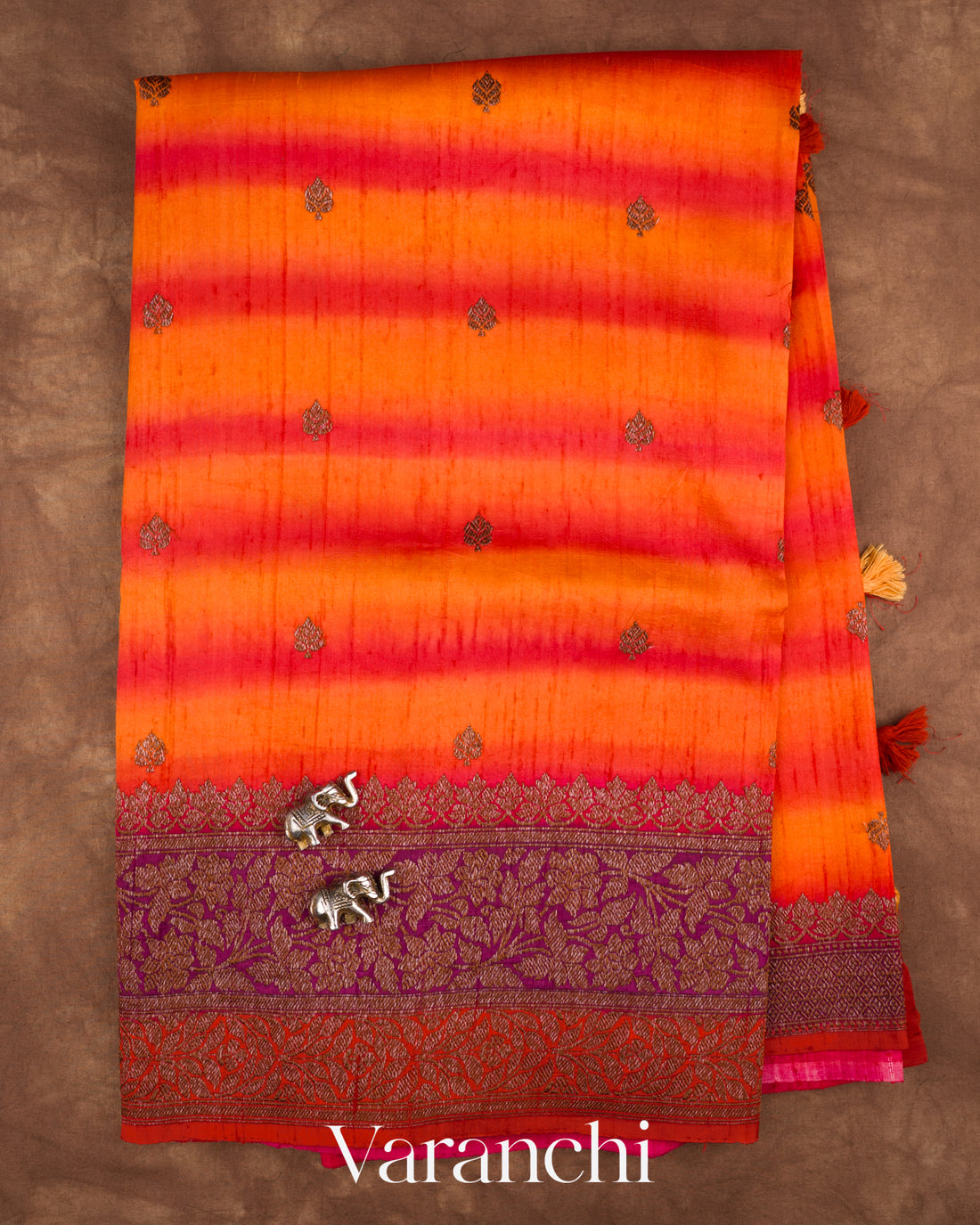 Orange Shibori Pure Raw Silk Handloom Saree — Full Saree