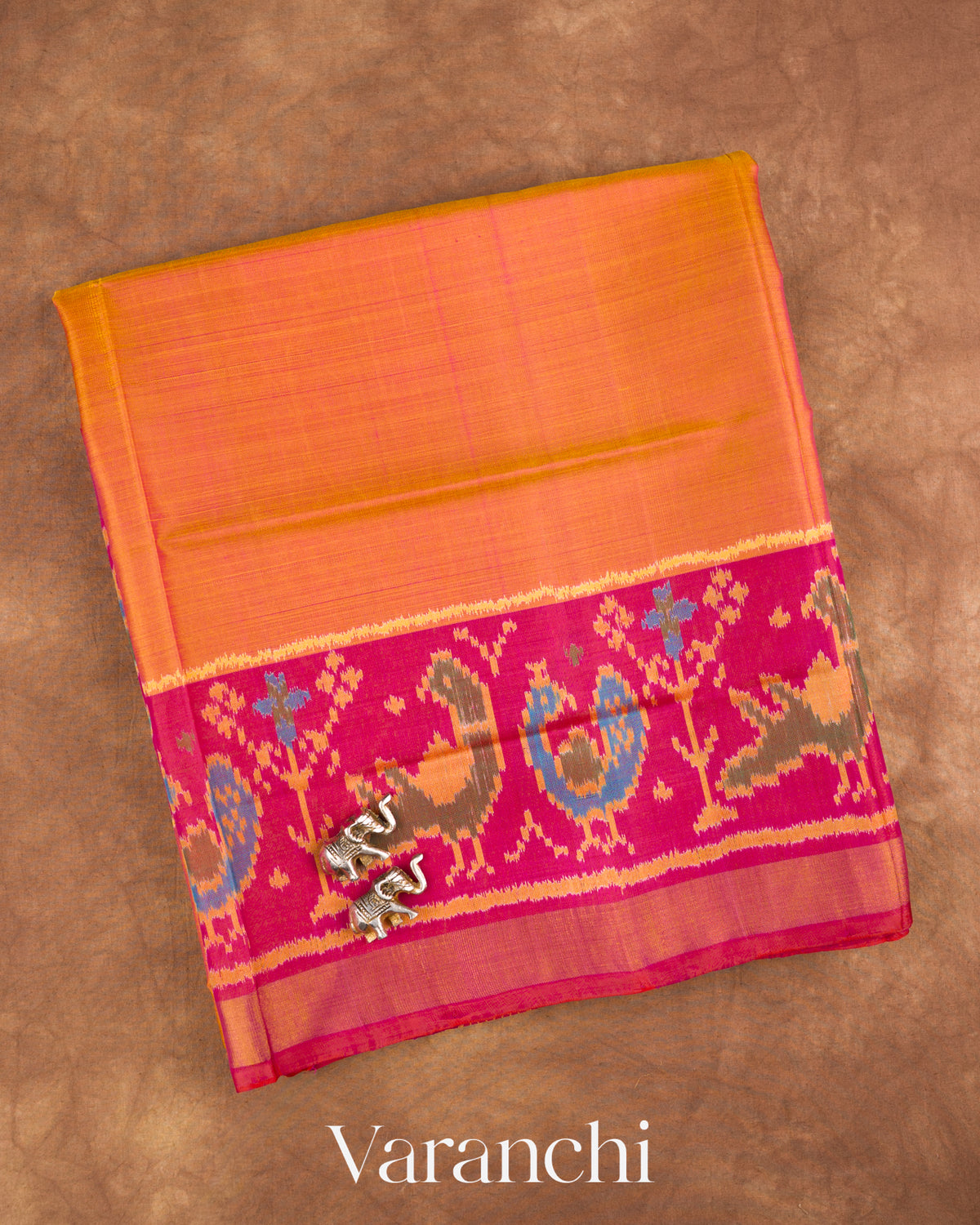 Marigold Orange Pure Rajkot Patola Silk Handloom Saree — Folded