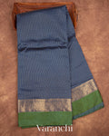 Navy Blue Checkered Pure Katan Silk Saree — Full Saree