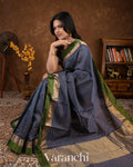 Navy Blue Checkered Pure Katan Silk Saree — Draped