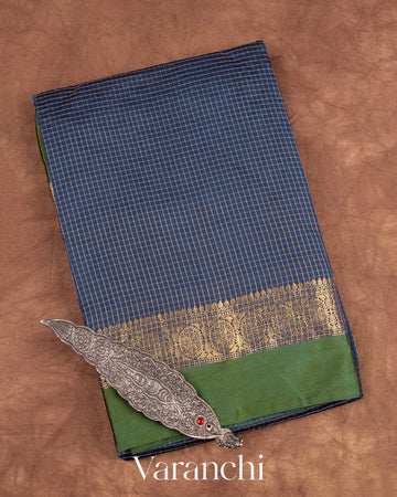 Navy Blue Checkered Pure Katan Silk Saree — Folded