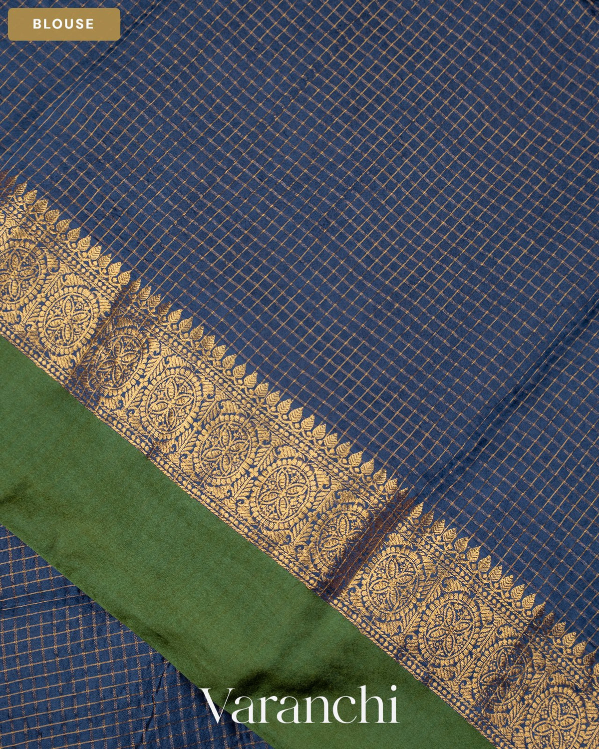 Navy Blue Checkered Pure Katan Silk Saree — Blouse