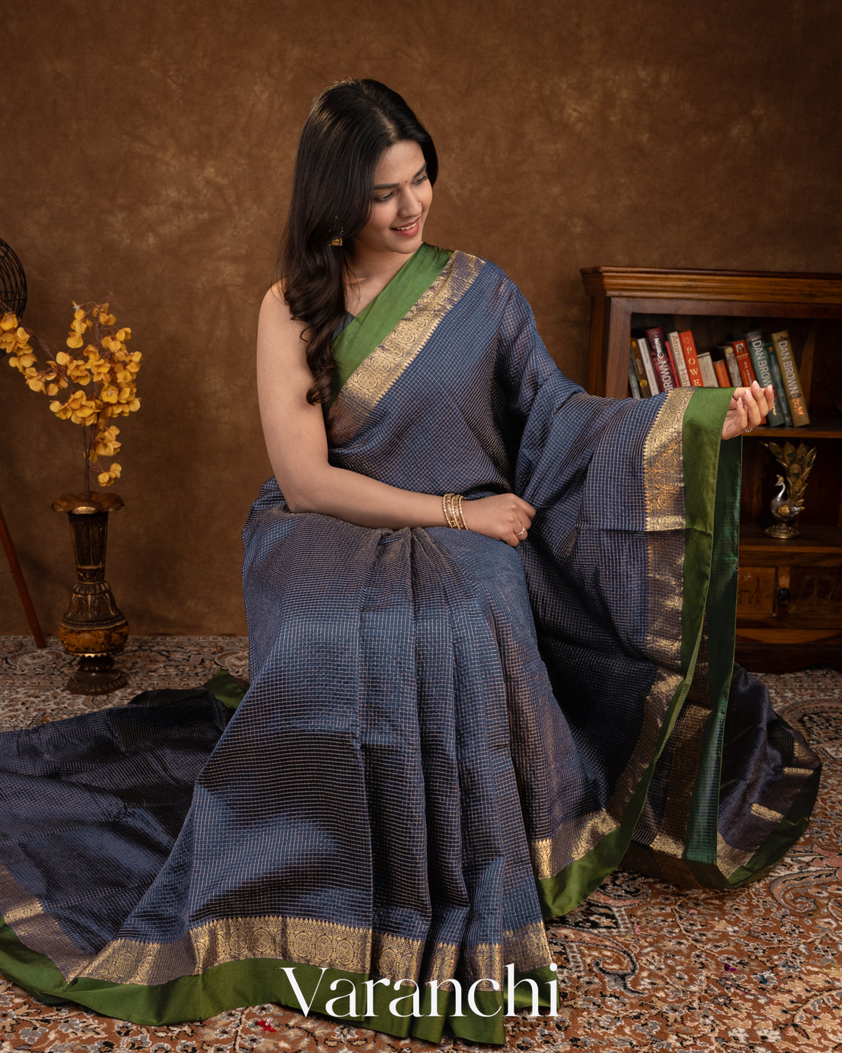Navy Blue Checkered Pure Katan Silk Saree — Draped