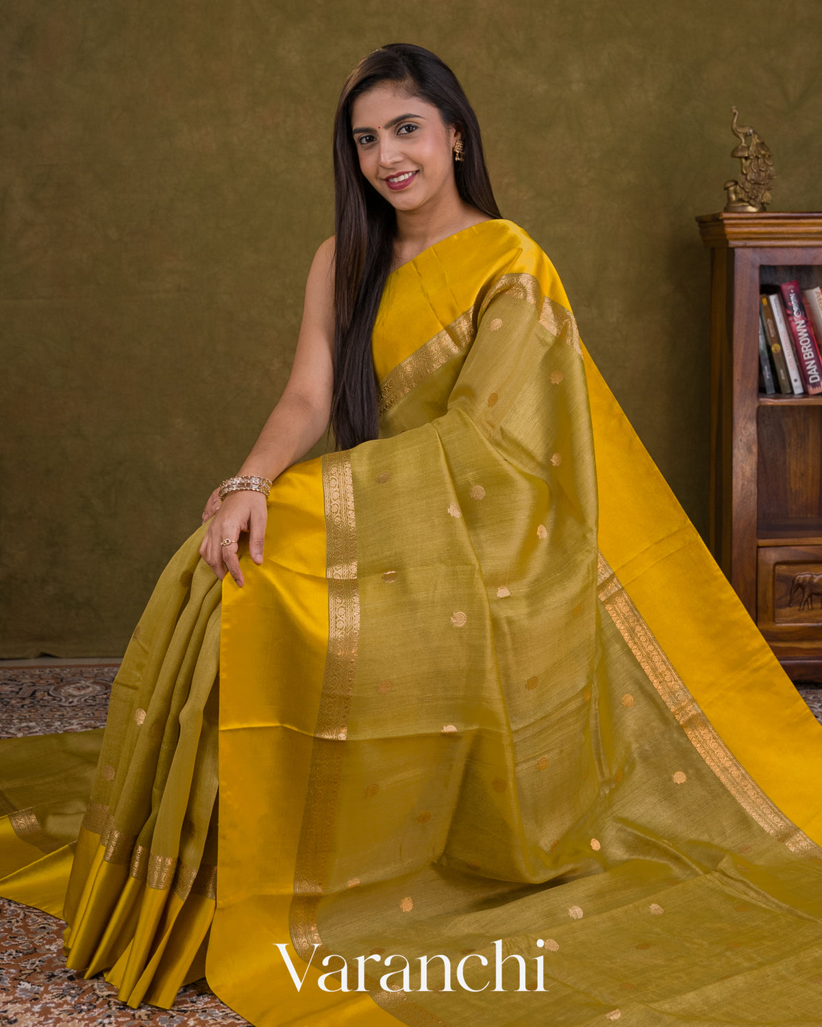 Olive Green Pure Tussar Silk Saree — Draped