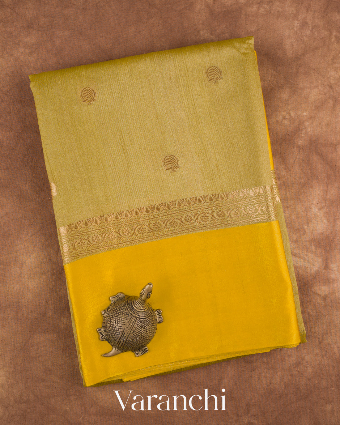 Olive Green Pure Tussar Silk Saree — Folded