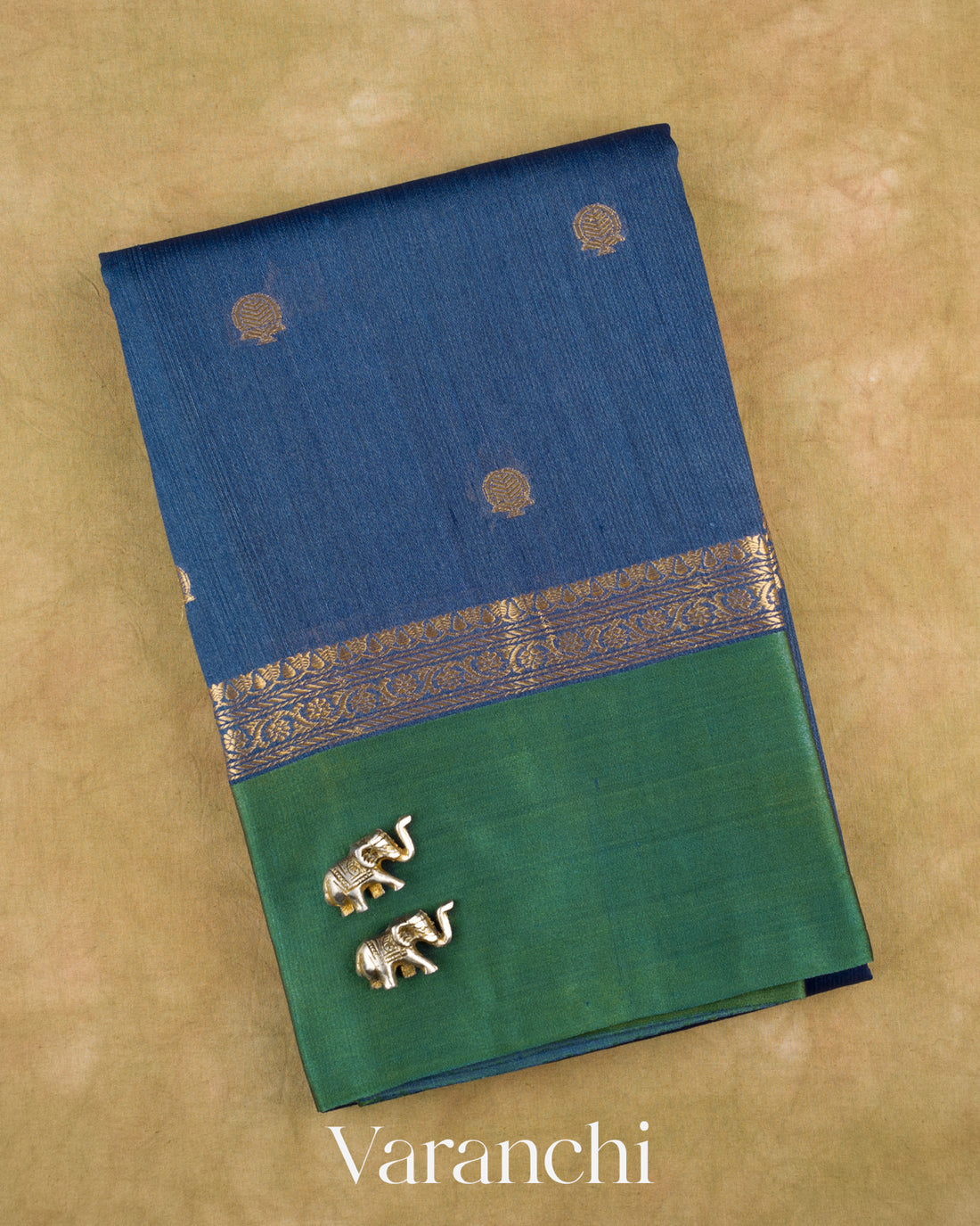 Navy Blue Pure Tussar Silk Saree — Folded