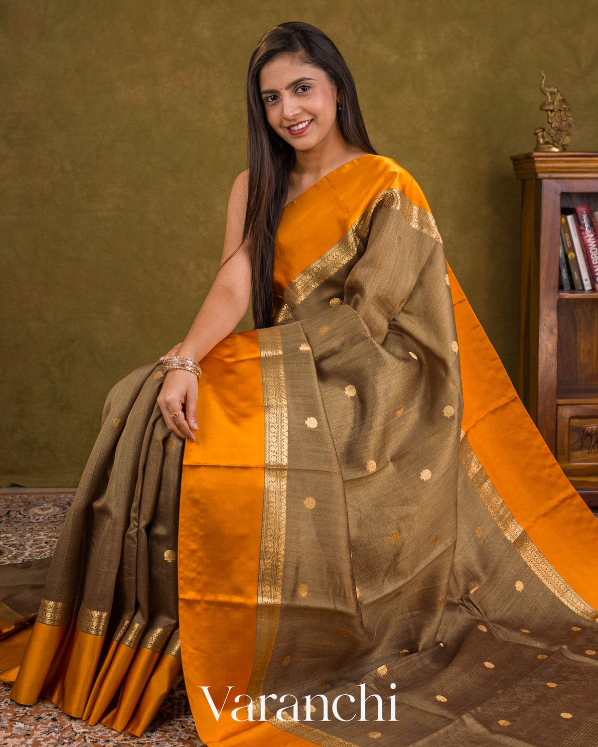 Brown Pure Tussar Silk Saree — Draped