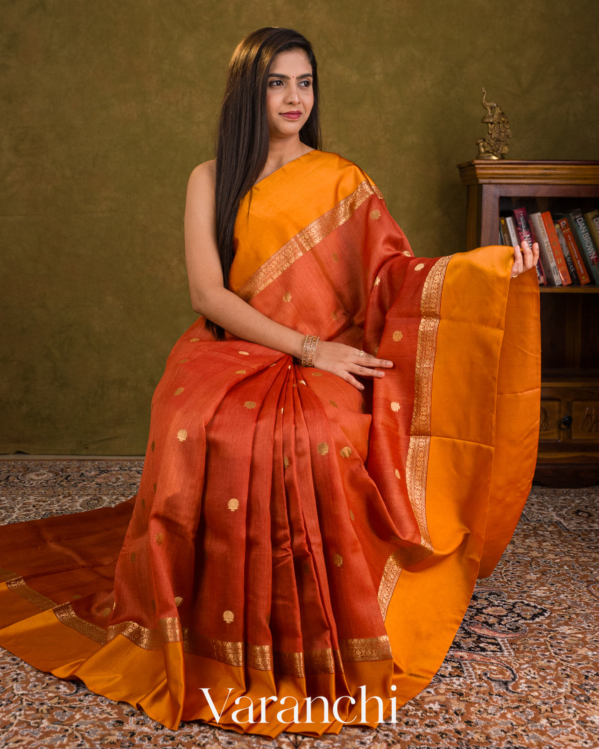 Rust Orange Pure Tussar Silk Saree — Draped