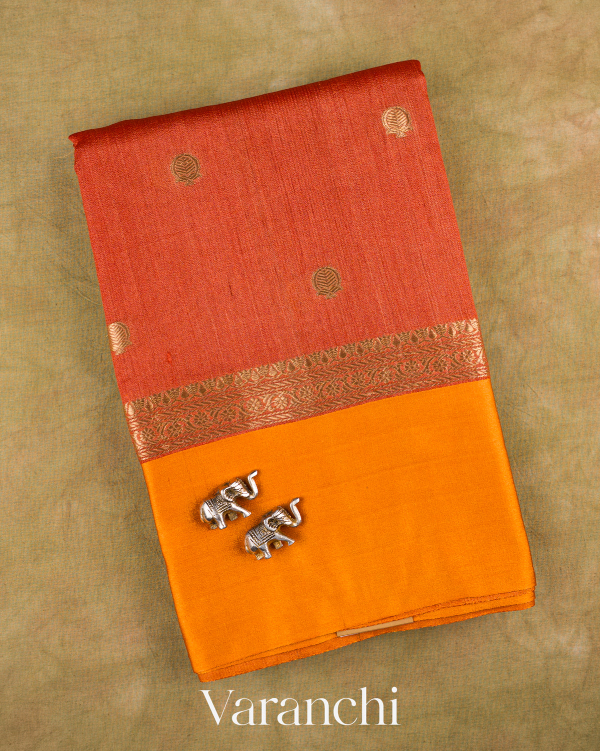 Rust Orange Pure Tussar Silk Saree — Folded