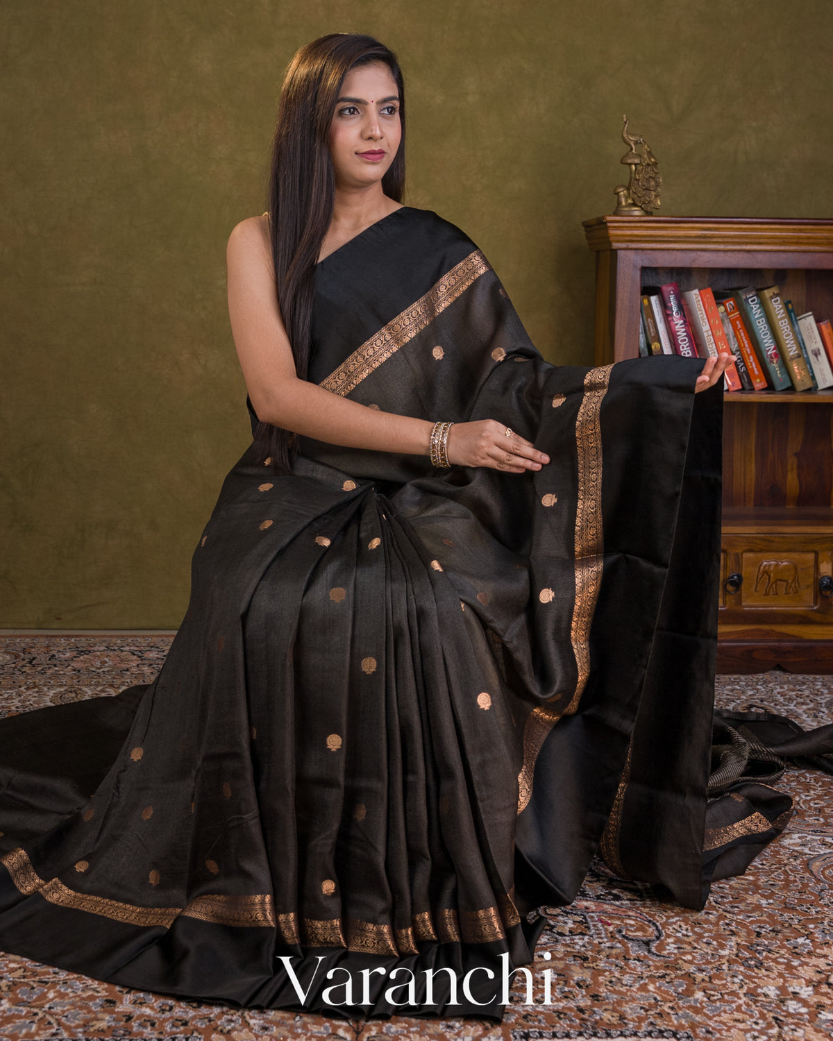 Black Pure Tussar Silk Saree — Draped