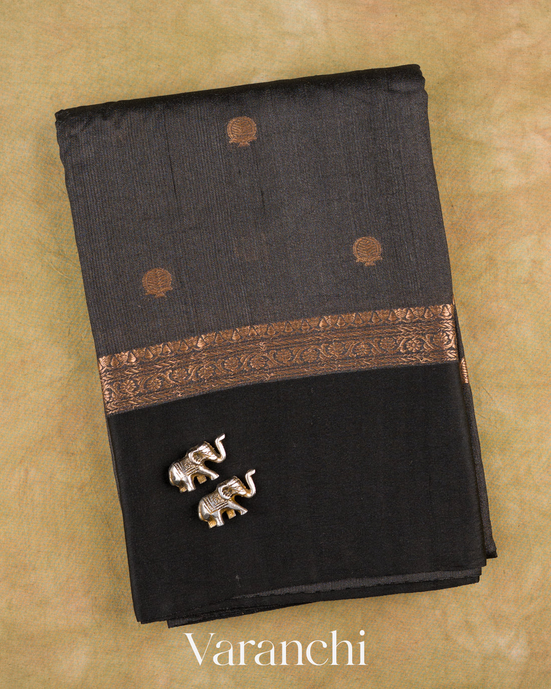 Black Pure Tussar Silk Saree — Folded