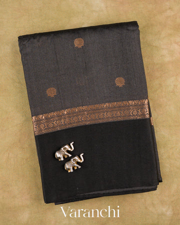 Black Pure Tussar Silk Saree — Folded