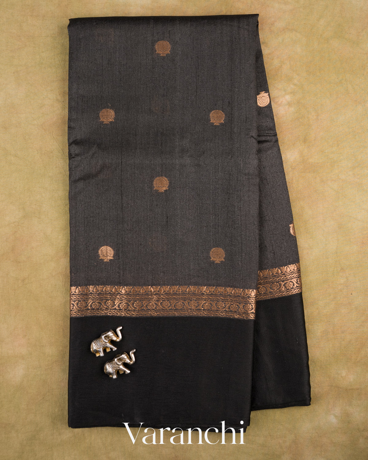 Black Pure Tussar Silk Saree — Full Saree