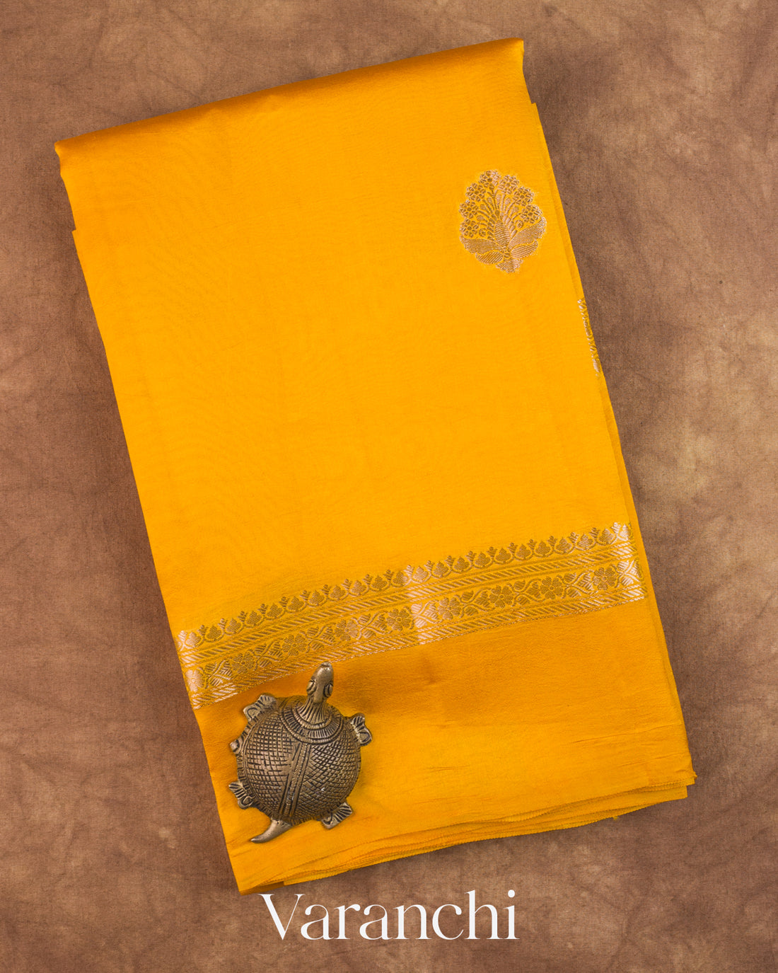Bright Yellow Pure Poona Silk Saree — Folded