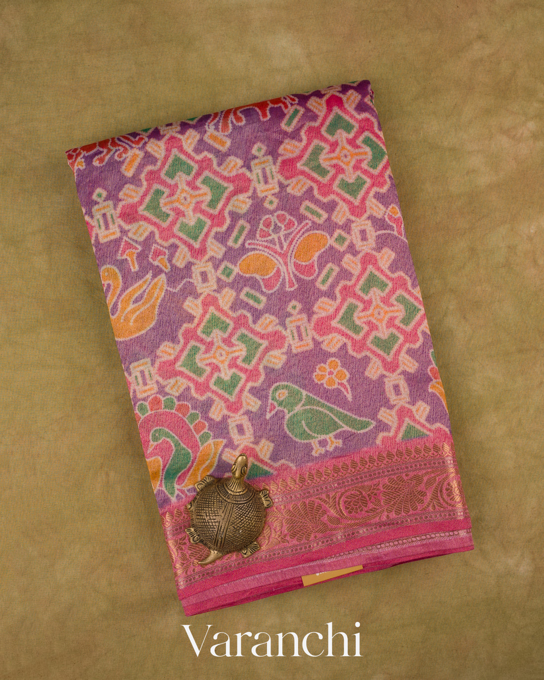 Muted Purple Patola Printed Pure Silk Cotton Tissue Saree — Folded