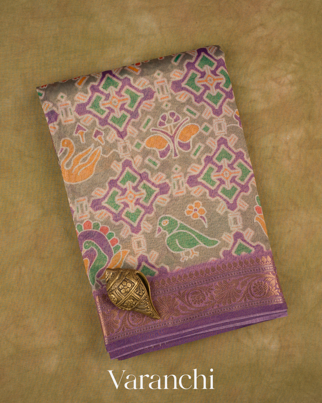 Deep PurplePatola Printed Pure Silk Cotton Tissue Saree — Folded