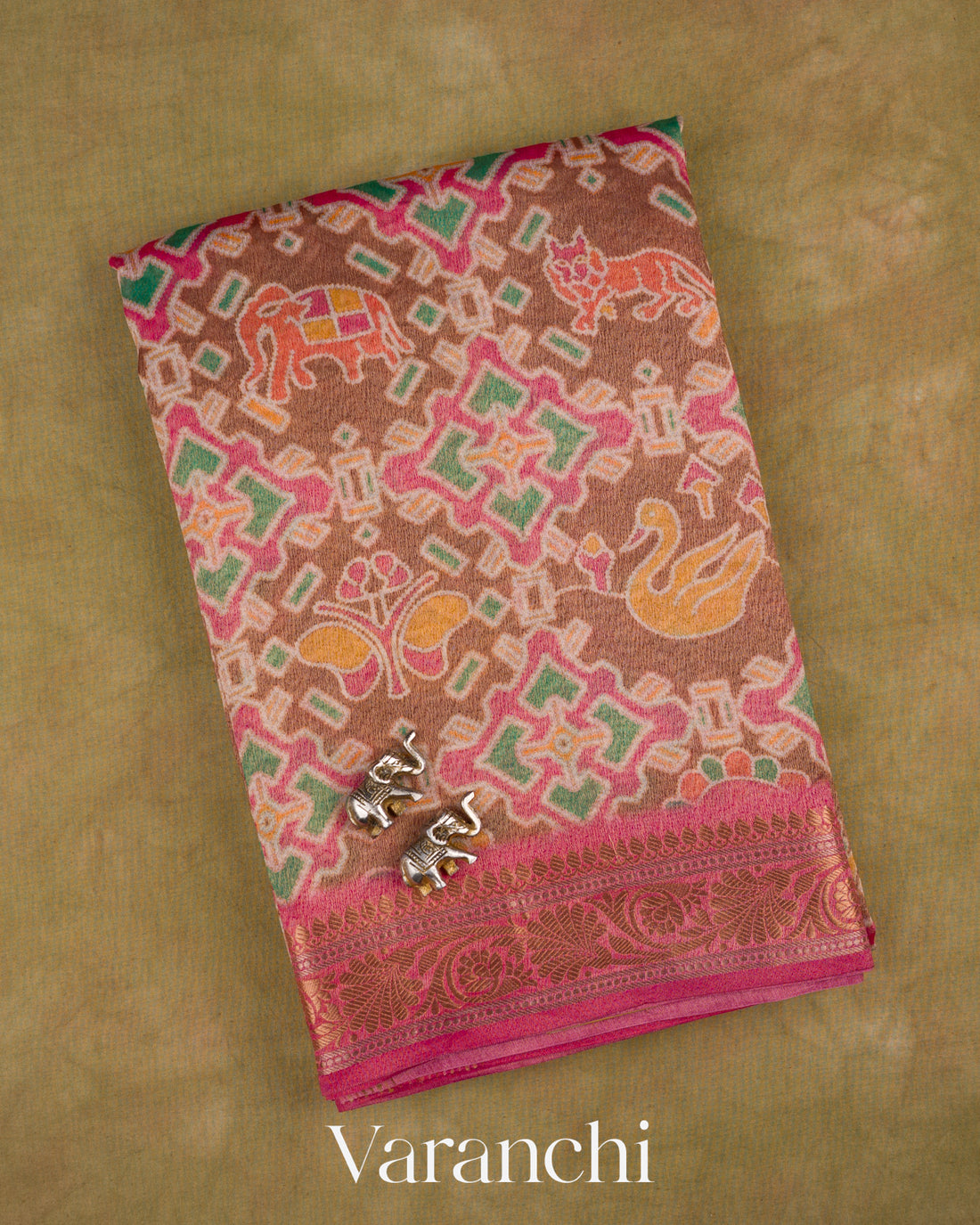 Mocha Brown Patola Printed Pure Silk Cotton Tissue Saree — Folded