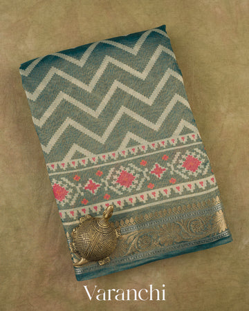 Teal Blue Patola Printed Pure Silk Cotton Tissue Saree — Folded