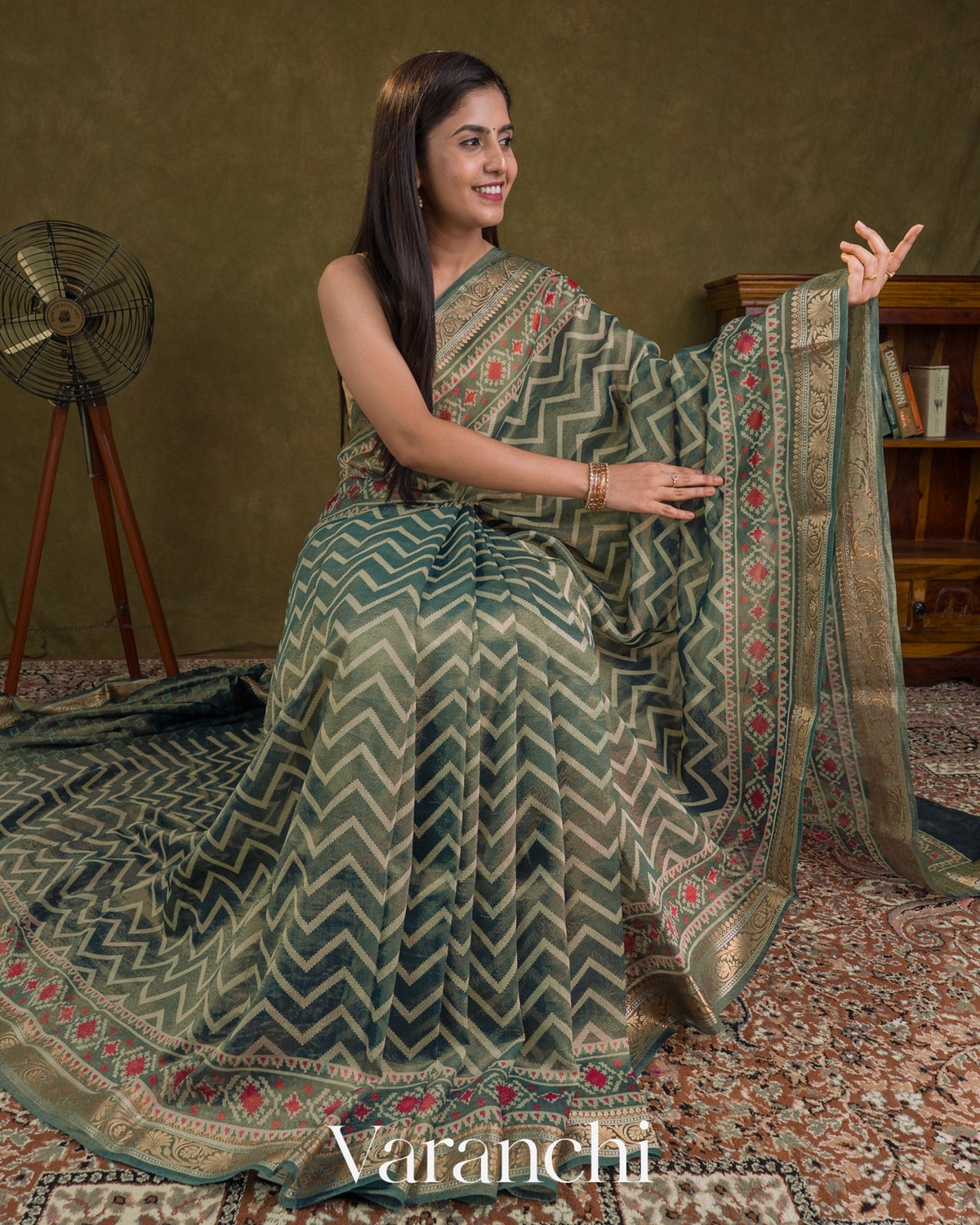 Teal Blue Patola Printed Pure Silk Cotton Tissue Saree — Draped