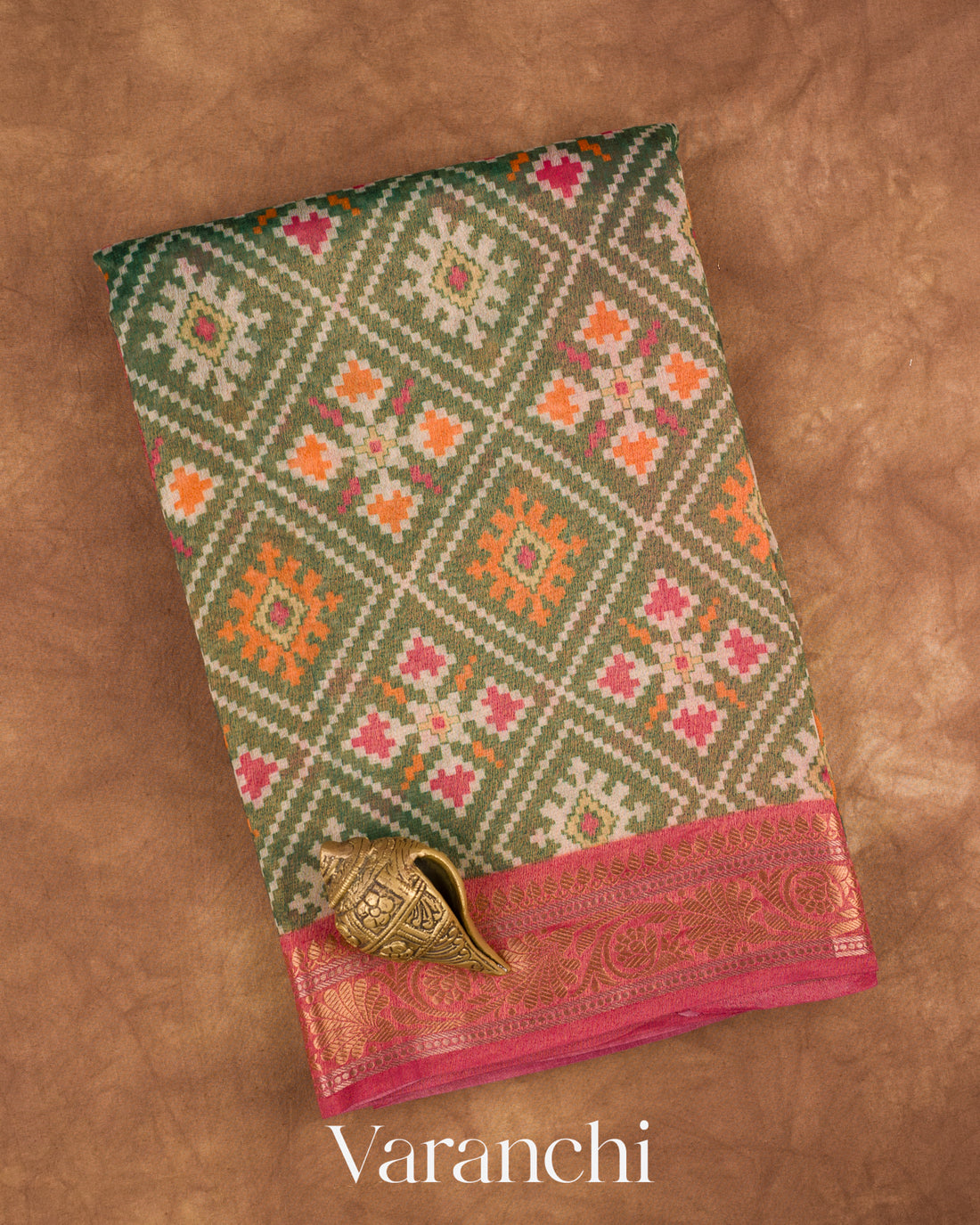 Olive Green Patola Printed Pure Silk Cotton Tissue Saree — Folded