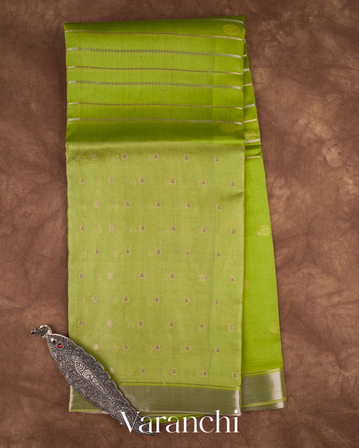 Parrot Green Tissue Pure Kora Silk Saree — Full Saree