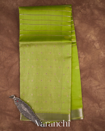 Parrot Green Tissue Pure Kora Silk Saree — Full Saree