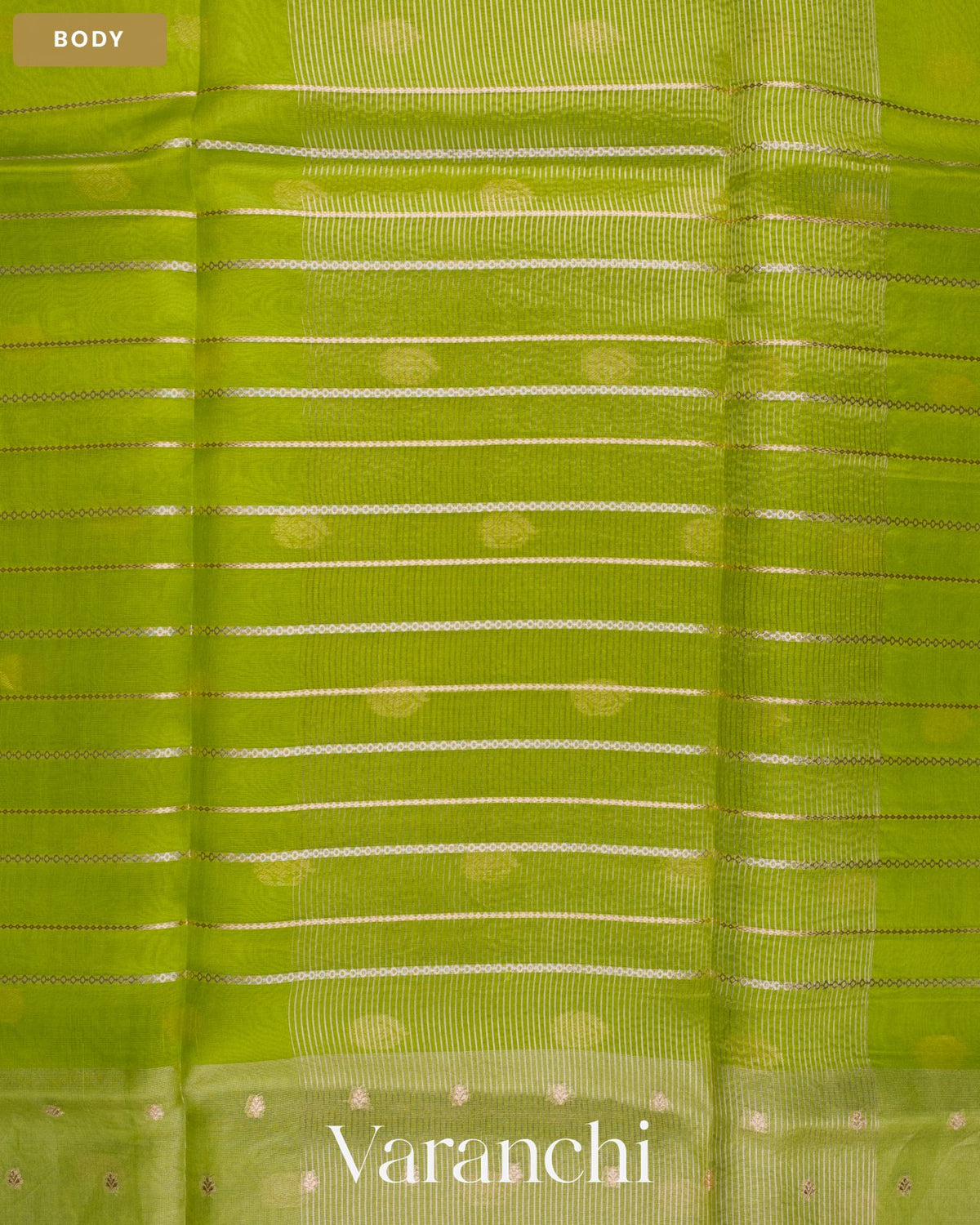 Parrot Green Tissue Pure Kora Silk Saree — Body