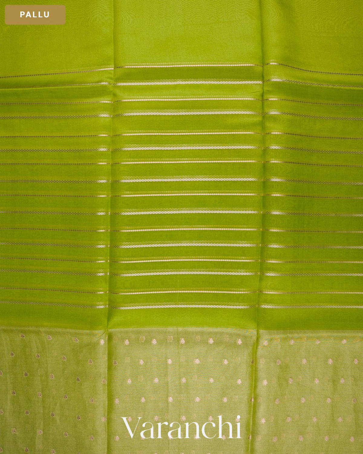 Parrot Green Tissue Pure Kora Silk Saree — Pallu
