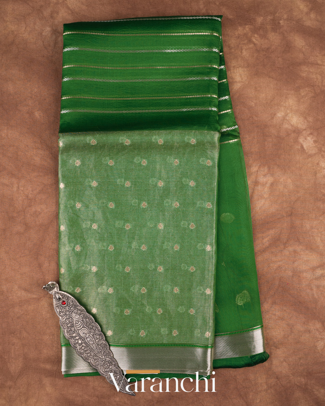 Bottle Green Tissue Pure Kora Silk Saree — Full Saree