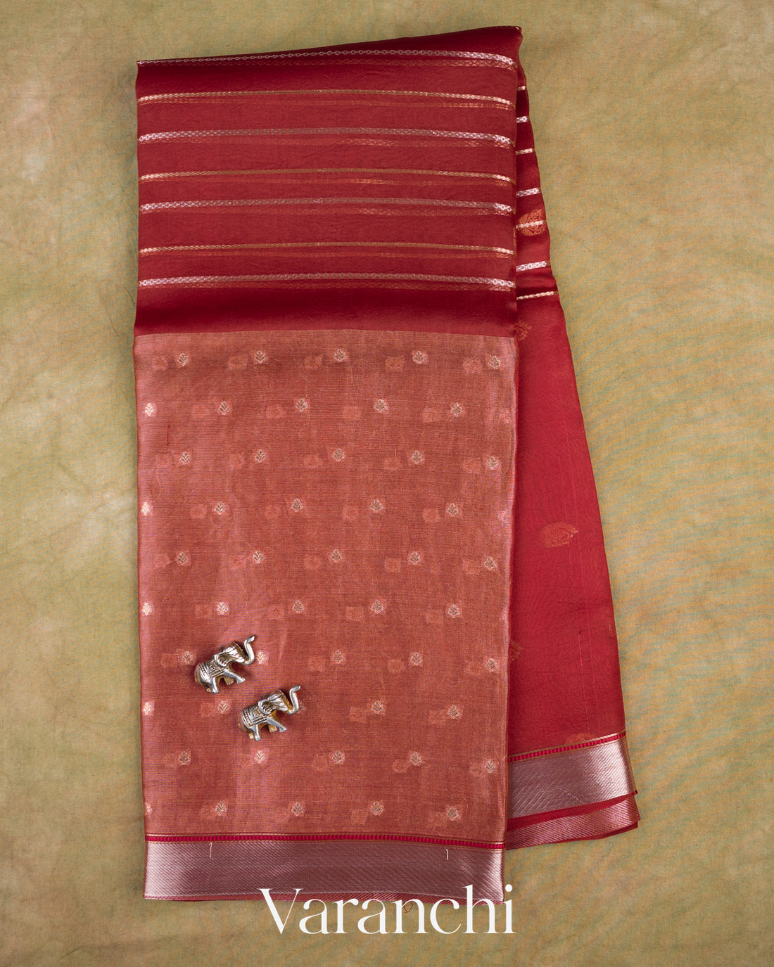 Deep Marron Tissue Pure Kora Silk Saree — Full Saree
