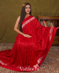 Tulip Red Pure Katan Silk Handloom Saree — Draped