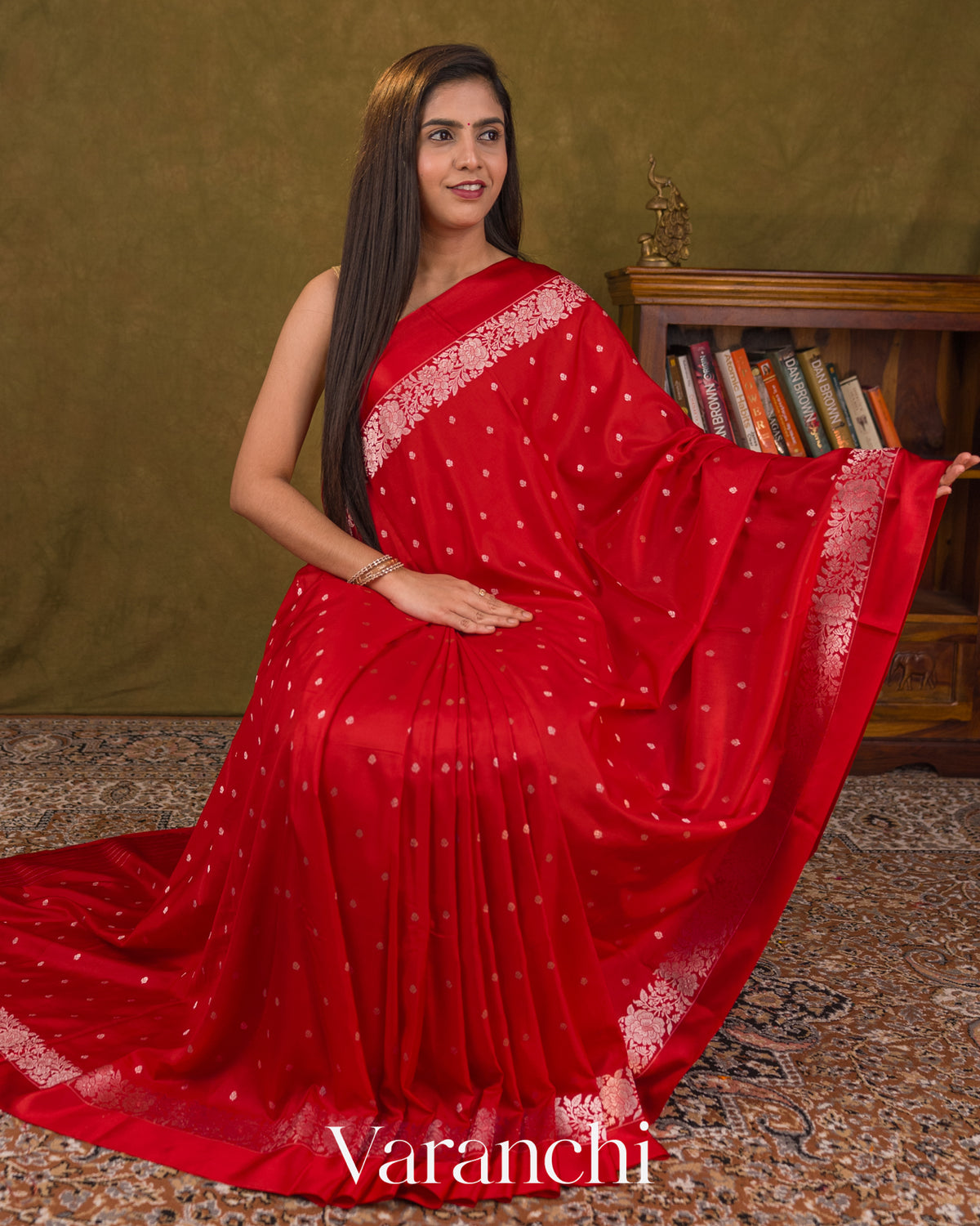 Tulip Red Pure Katan Silk Handloom Saree — Draped